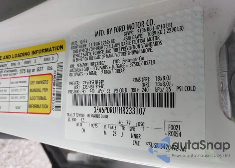 2017 Ford Fusion Hybrid Titanium из США, поврежденный, VIN 3FA6P0RU1HR233107